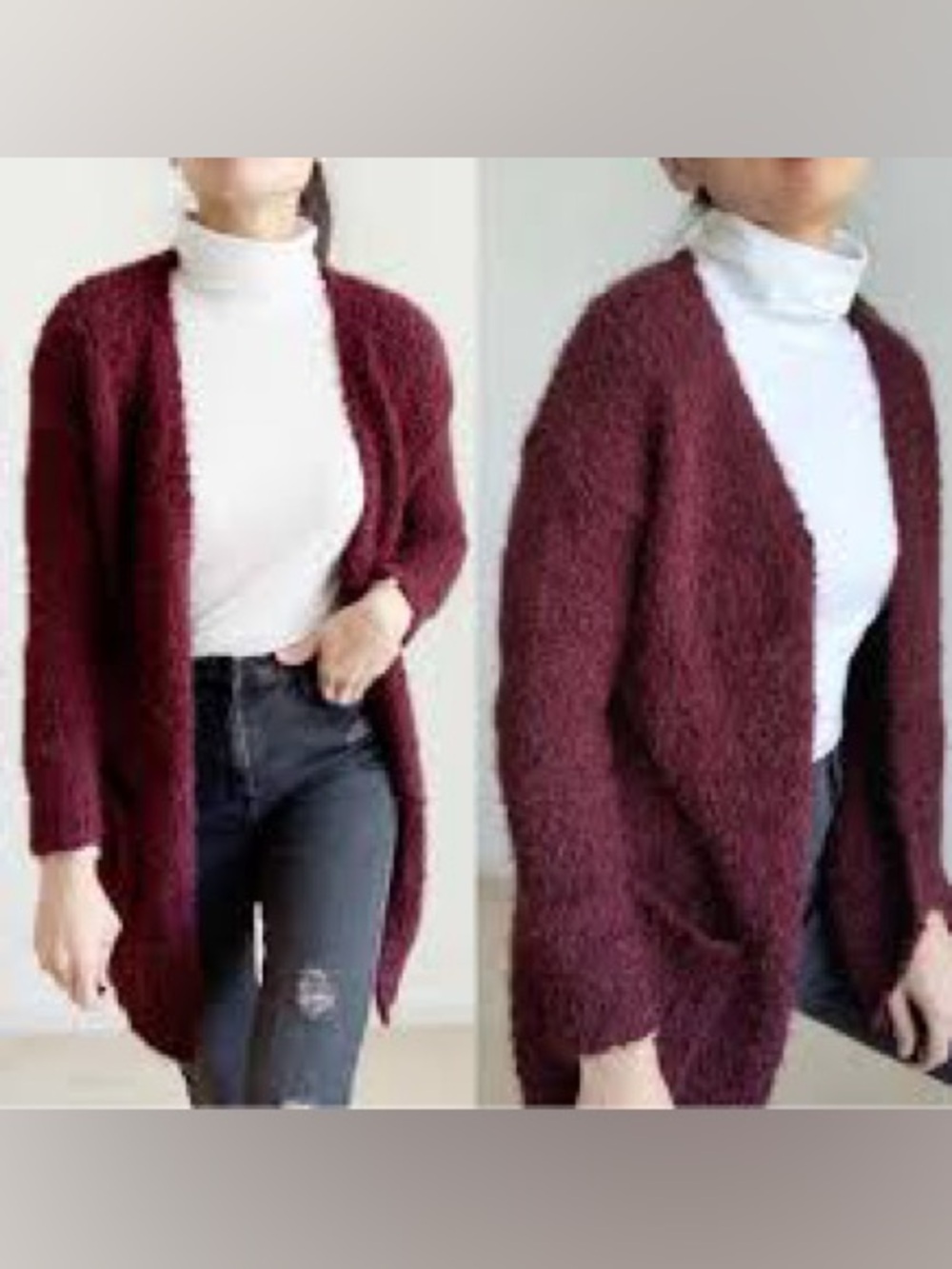 Dreamers Open-Front Burgundy Bouclé Cardigan